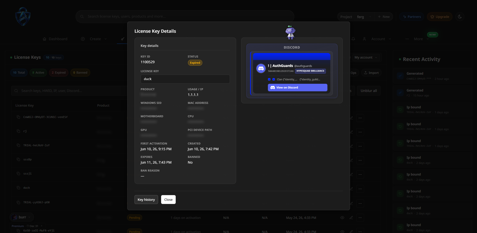 License key detail panel