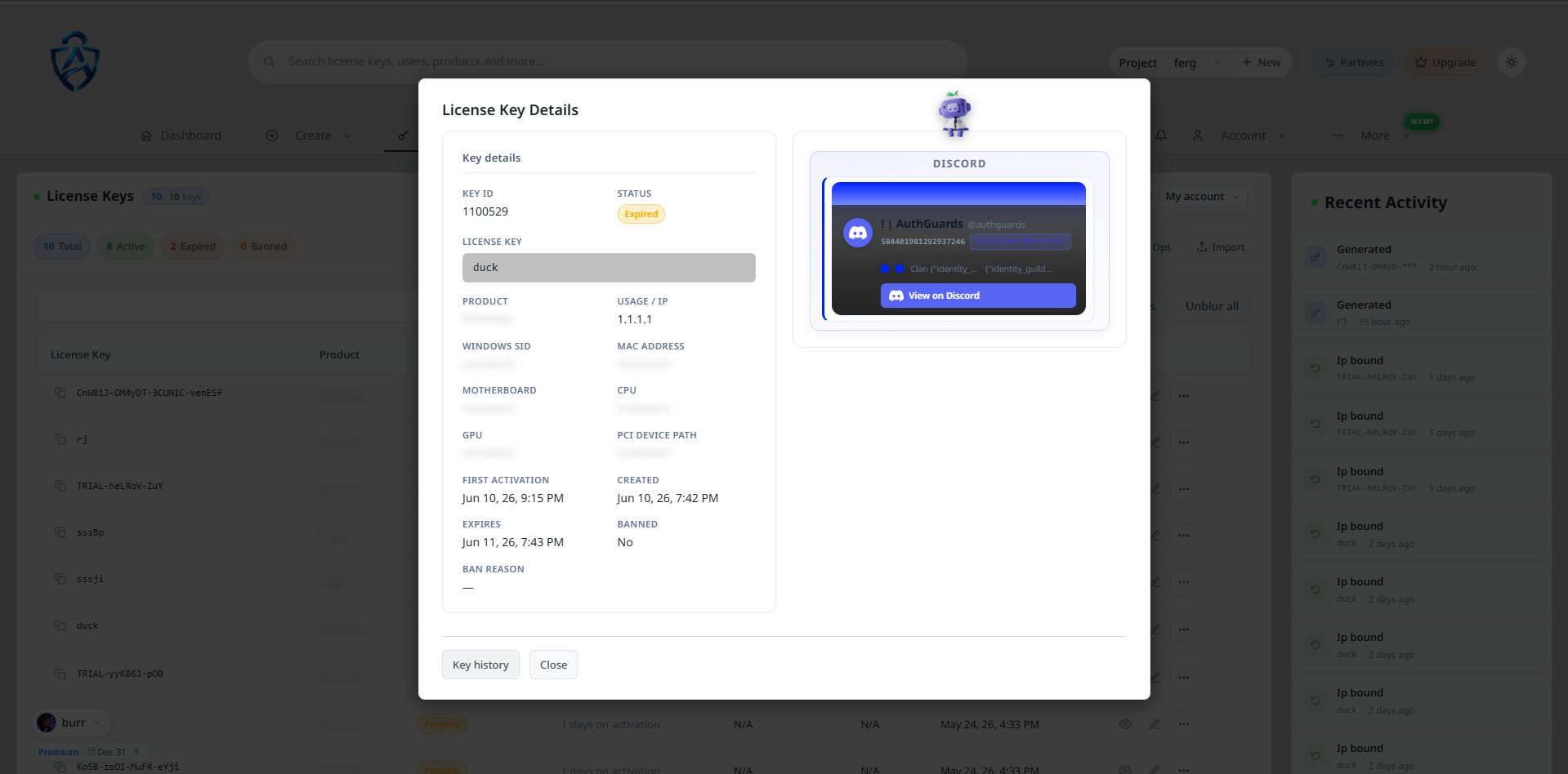 License key detail panel